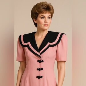 Vintage 90s Ann Tobias Pink & Black Statement Collar Dress – Size 6